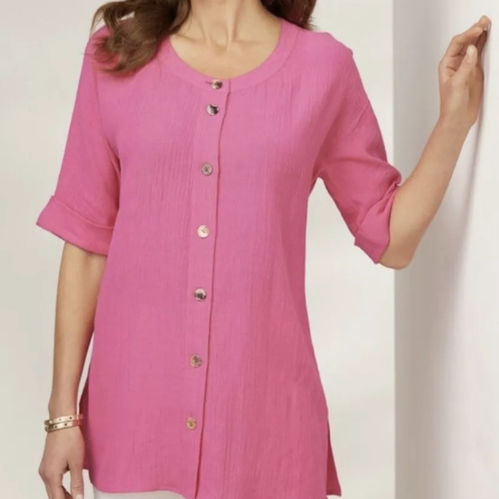 Soft Surroundings Talia Pink Button Up Tunic Top Short Sleeves Side Slits Sz PL